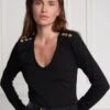 Holland Cooper Long Sleeve Vee Neck Tee - Black -Throstlenest Saddlery Shop hcveeblack2rdy